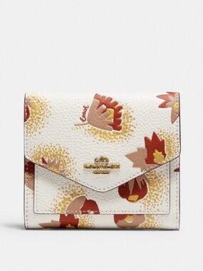 Coach Small Wallet With Floral Print Leather In Brass/chalk